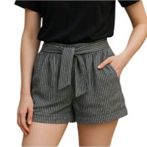 Dynamite Pinstripe Linen Blend High Waist Shorts Tie-Front Grey White Elastic L